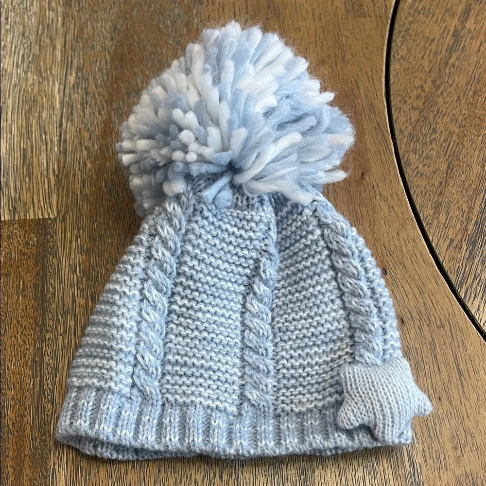 Cozy Blue Knit Baby Hat and Booties Set Star Pom Pom Newborn‎ Beanie